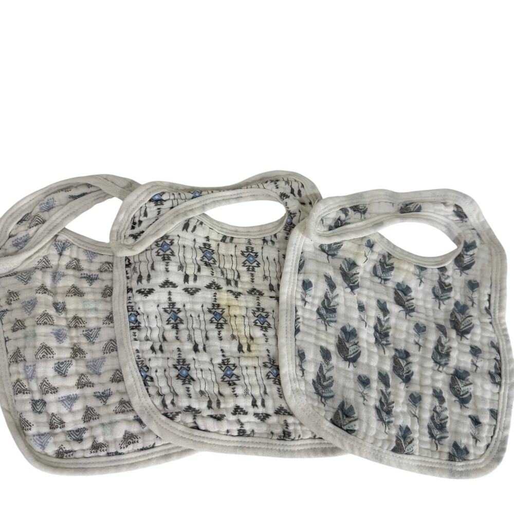Modern Baby Boho White & Blue Muslin Baby Bibs Bundle of 3
